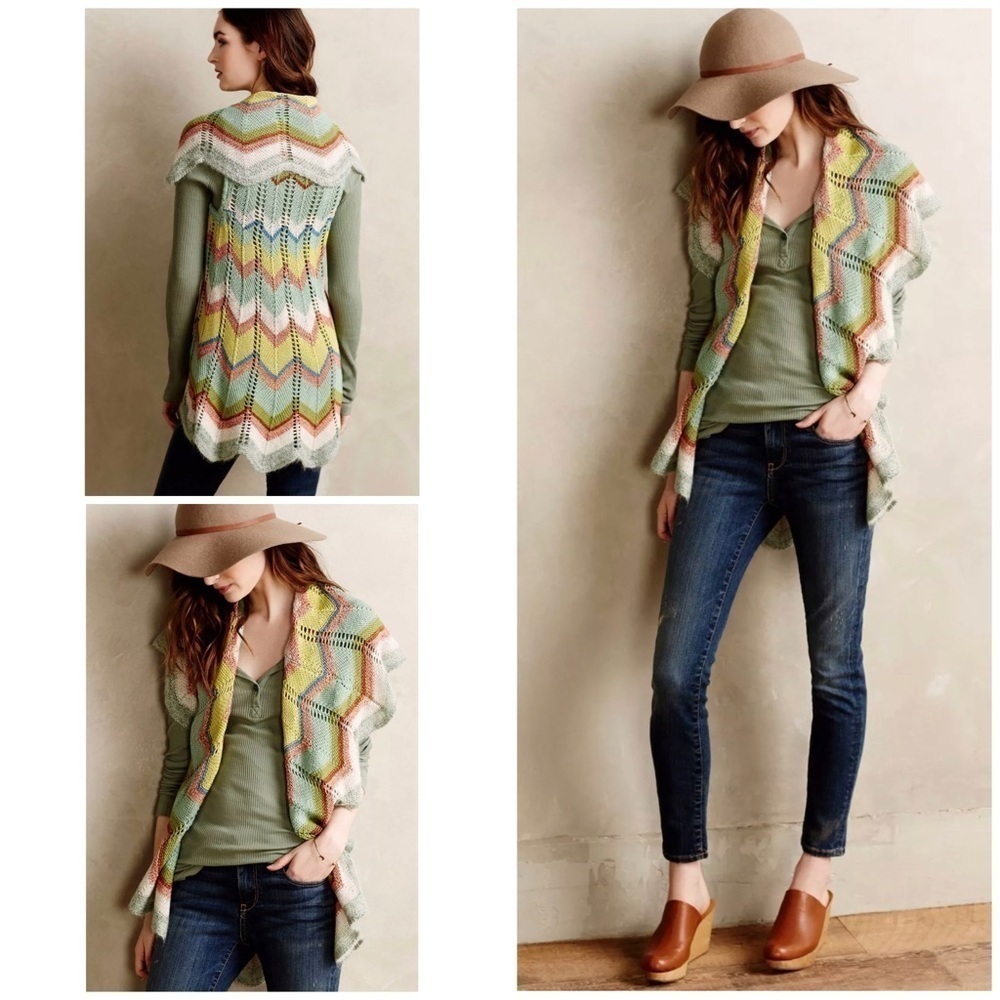 Anthropologie Rosie Neira Colorful Unni Chevron Crochet Knit Open Cardigan S‌‌